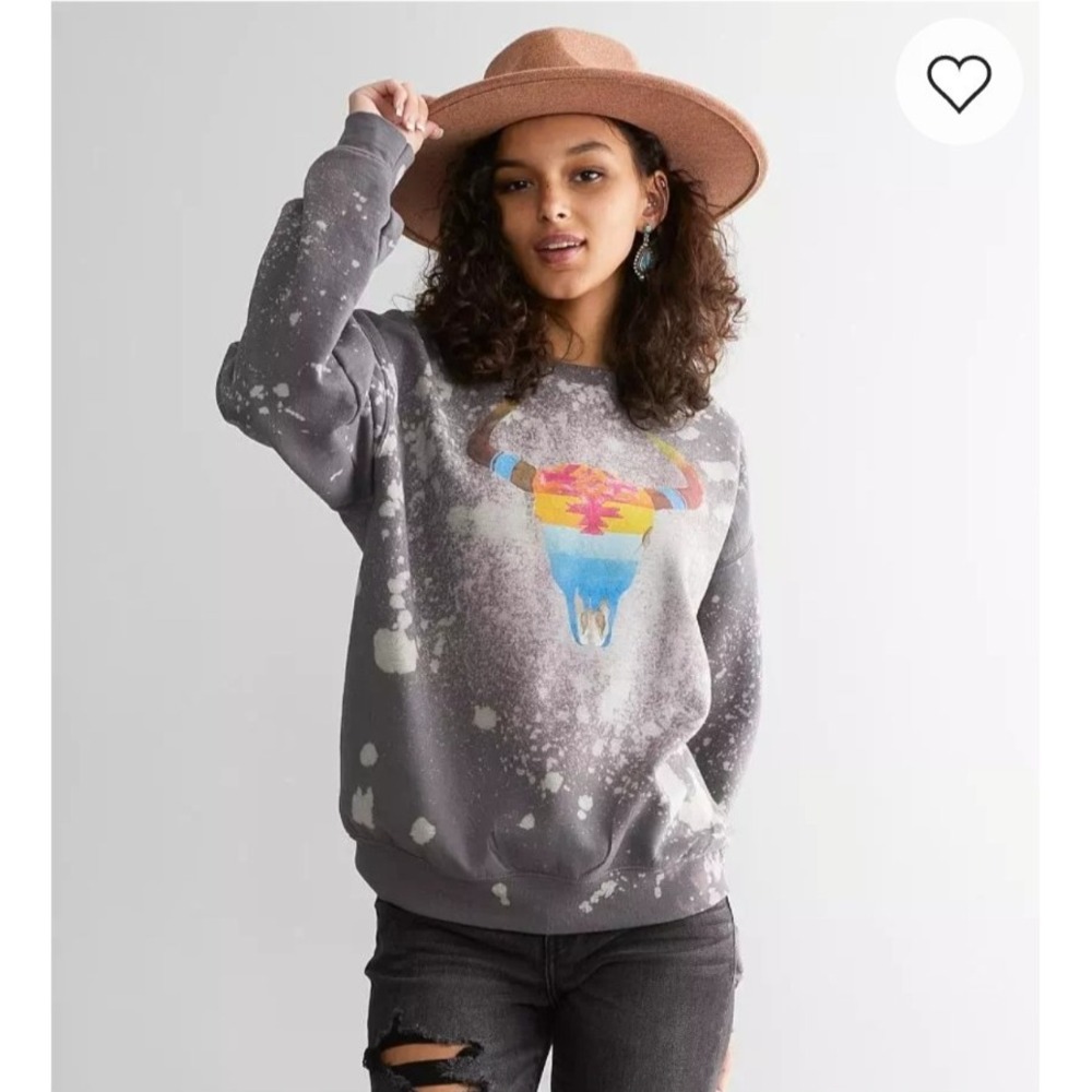 Bohemian Cowgirl Gray Steerhead Pullover Sweatshirt Splatter Distressed Cotton L